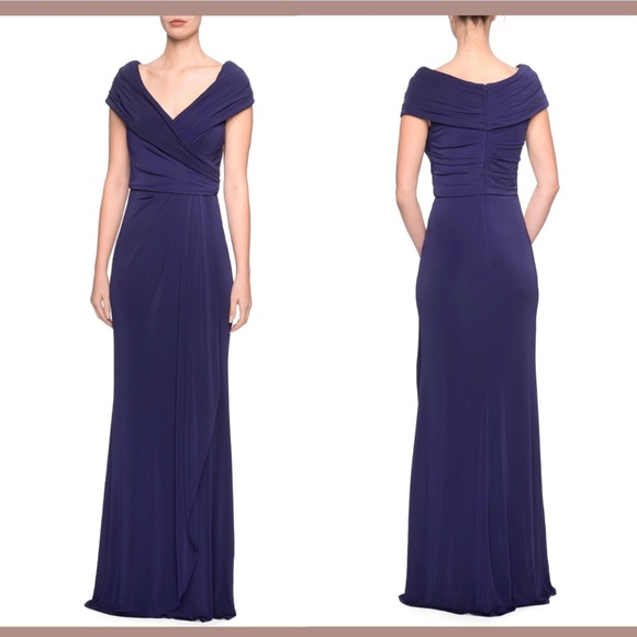 NEW $389 La Femme [‎ size 8 ] Ruched Jersey Column Gown in Navy Blue